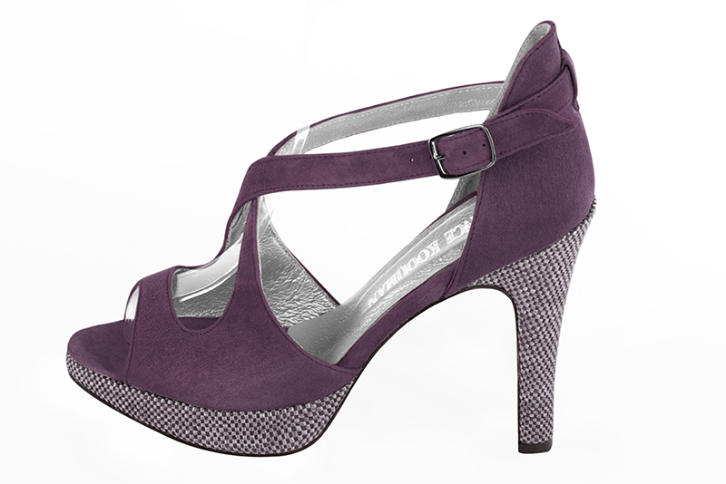 Mulberry purple women's closed back sandals, with crossed straps. Round toe. Very high slim heel with a platform at the front. Profile view - Florence KOOIJMAN